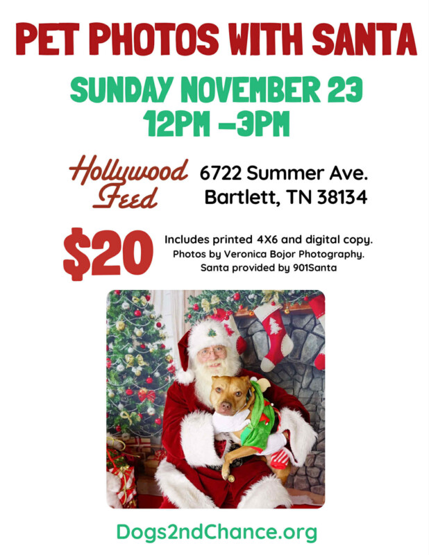 PET PHOTOS WITH SANTA, Sunday November 23, 2025, 12pm-3pm, Hollywood Feed, 6722 Summer Ave., Bartlett, TN 38134, $20, Includes printed 4x6 and digital copy. Photos by Veronica Bajor Photography. Santa provided by 901Santa.