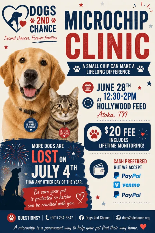 June 28 12:30-2pm Microchip Clinic, Hollywood Feed, Atoka TN 9 June 28 12:30-2pm Microchip Clinic, Hollywood Feed, Atoka TN